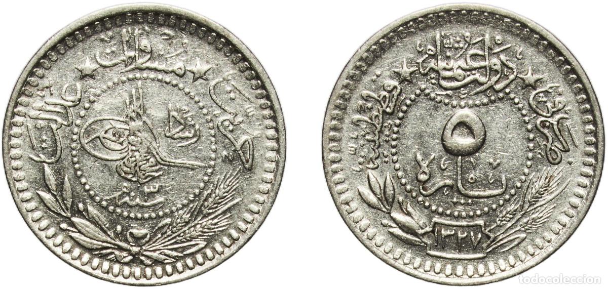 Material numism&aacute;tico: Ottoman Empire AH1327 (1911) ٣ 5 Para - Mehmed V (&rdquo;Reshat&rdquo; right of Toughra) Nickel Konstantiniyye
