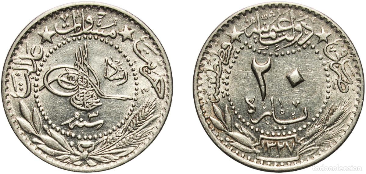 Material numism&aacute;tico: Ottoman Empire AH1327 (1911) ٣ 20 Para - Mehmed V (&rdquo;Reshat&rdquo; right of Toughra) Nickel Konstantiniyye