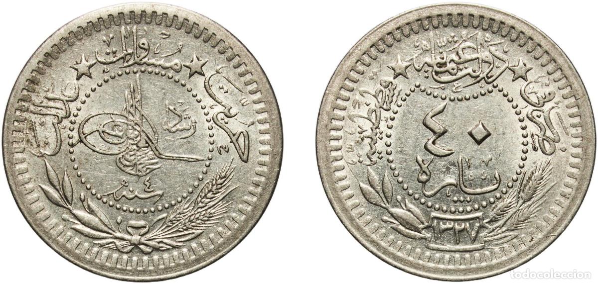 Material numism&aacute;tico: Ottoman Empire AH1327 (1912) ٤ 40 Para - Mehmed V (&rdquo;Reshat&rdquo; right of Toughra) Nickel Konstantiniyye