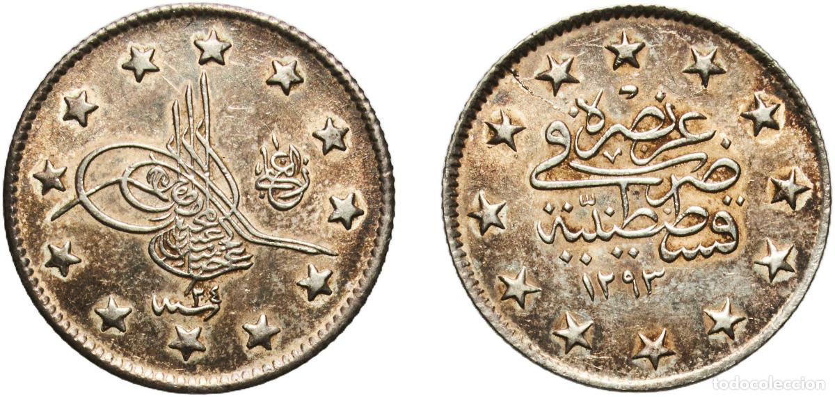 Material numism&aacute;tico: Ottoman Empire AH1293 (1897) ٢٤ 2 Kurus - Abd&uuml;lhamid II (&rdquo;el-Ghazi&rdquo; right of Toughra) Silver (.830)