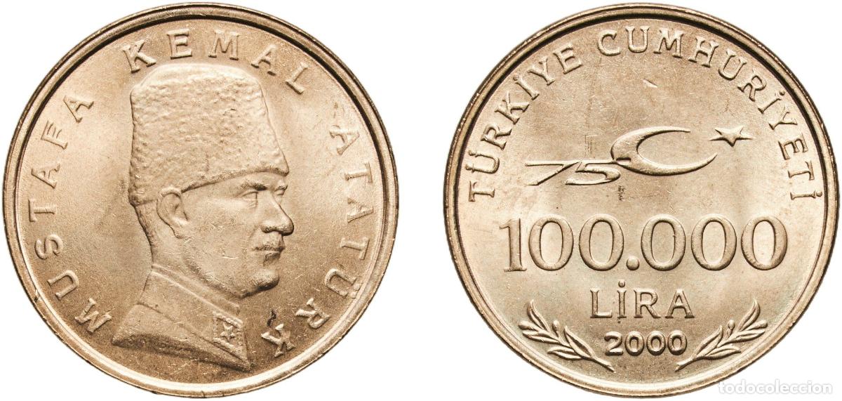 Material numism&aacute;tico: Turkey Republic 2000 100 000 Lira (75th Anniversary of the Republic of Turkey) Nickel brass (82.5%