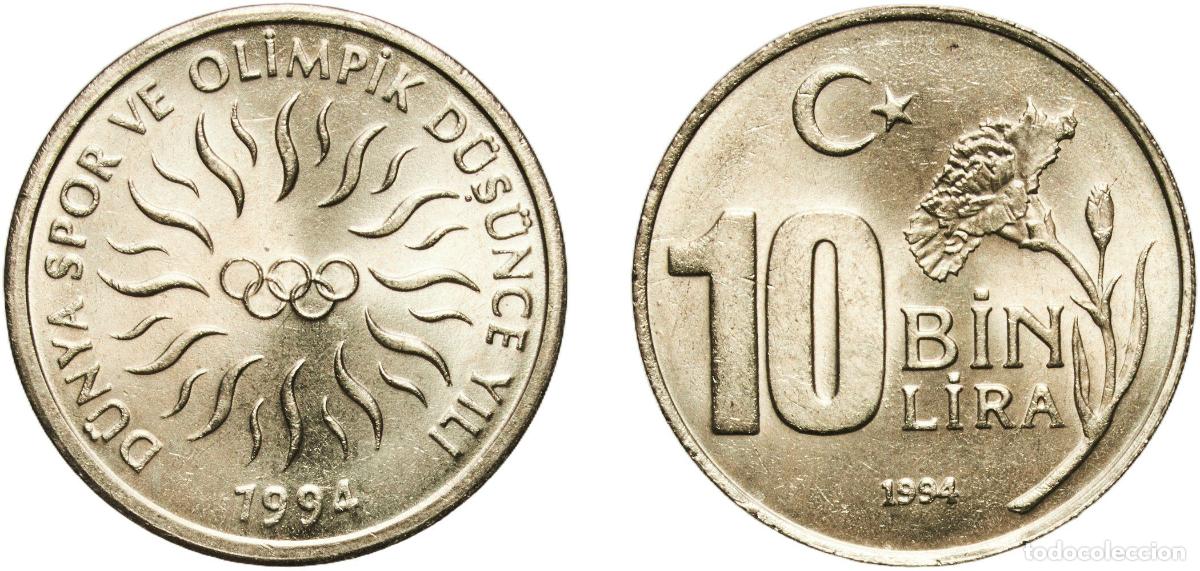 Material numism&aacute;tico: Turkey Republic 1994 10 000 Lira (1994 Olympics) Nickel brass (69.5% Copper, 18% Zinc, 12% Nickel,