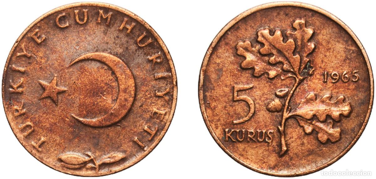 Material numism&aacute;tico: Turkey Republic 1965 5 Kuruş Bronze Turkish State Mint (19170000) 2.51g XF KM 890.1 KM 890.2 KM 89