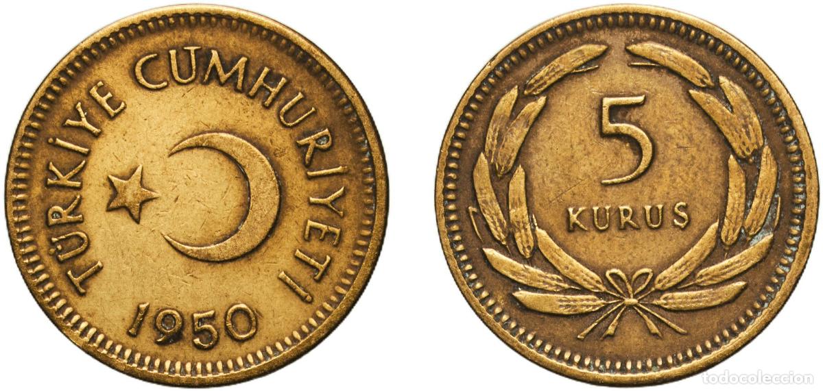Material numism&aacute;tico: Turkey Republic 1950 5 Kuruş Brass (70% Copper, 30% Zinc) Turkish State Mint (45900000) 2.26g XF K