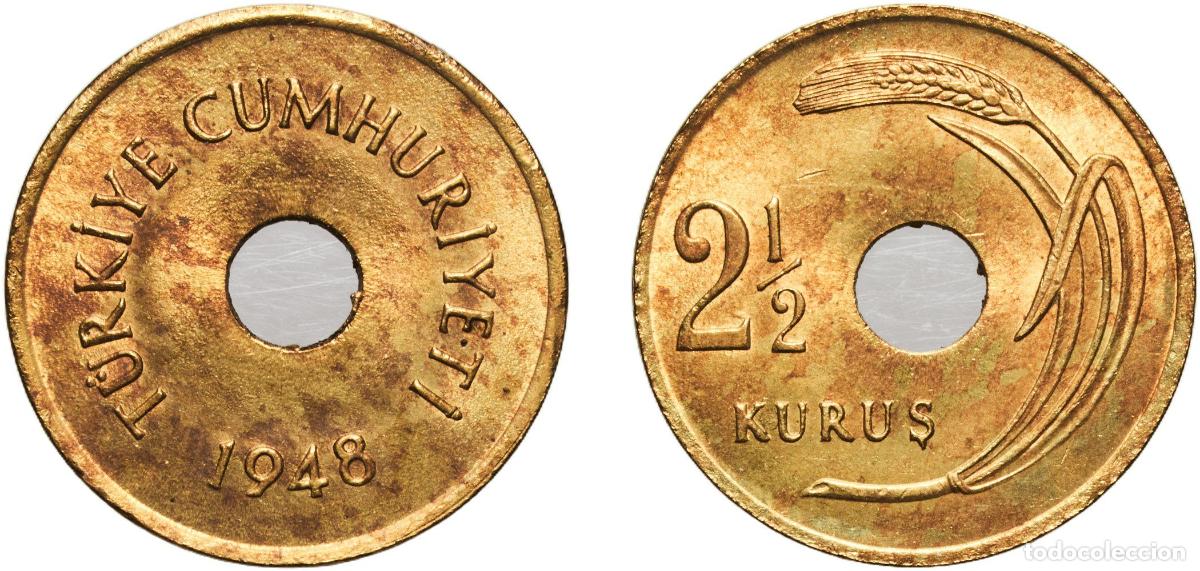 Material numism&aacute;tico: Turkey Republic 1948 2&frac12; Kuruş Brass (70% Copper, 30% Zinc) (24720000) 3.06g UNC KM 885 Sch&ouml;n 398