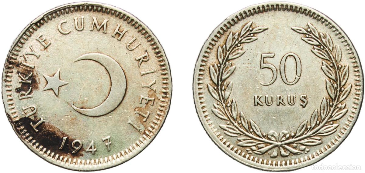 Material numism&aacute;tico: Turkey Republic 1947 50 Kuruş Silver (.600) (Copper .400) (9296000) 4g AU KM 882 Sch&ouml;n 402