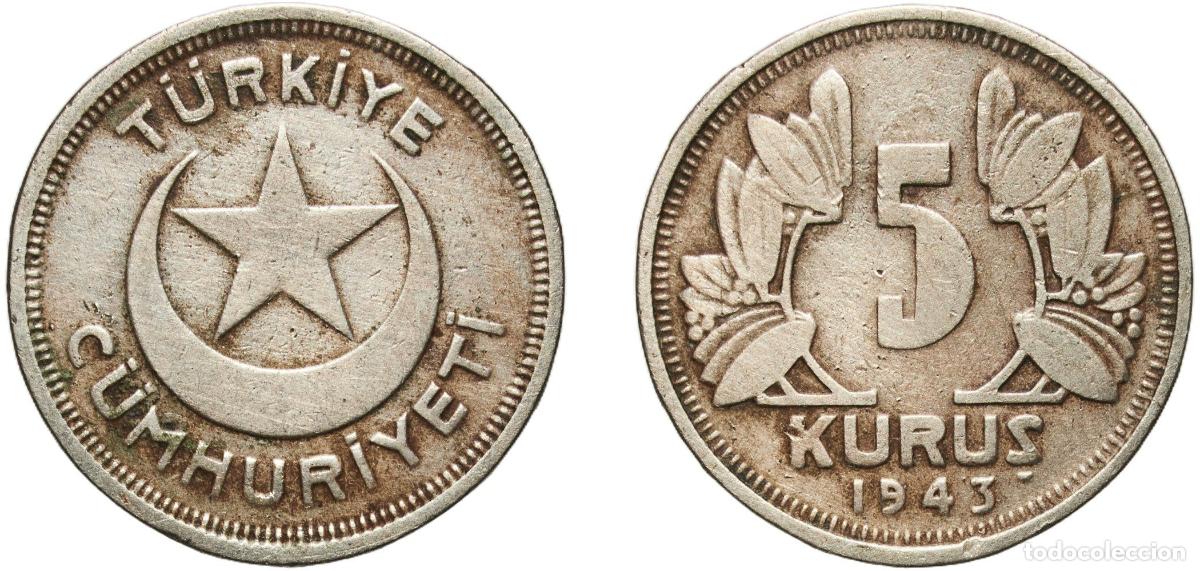 Material numism&aacute;tico: Turkey Republic 1943 5 Kuruş Copper-nickel (75% Copper, 25% Nickel) (15360000) 3.91g XF KM 862 Sch