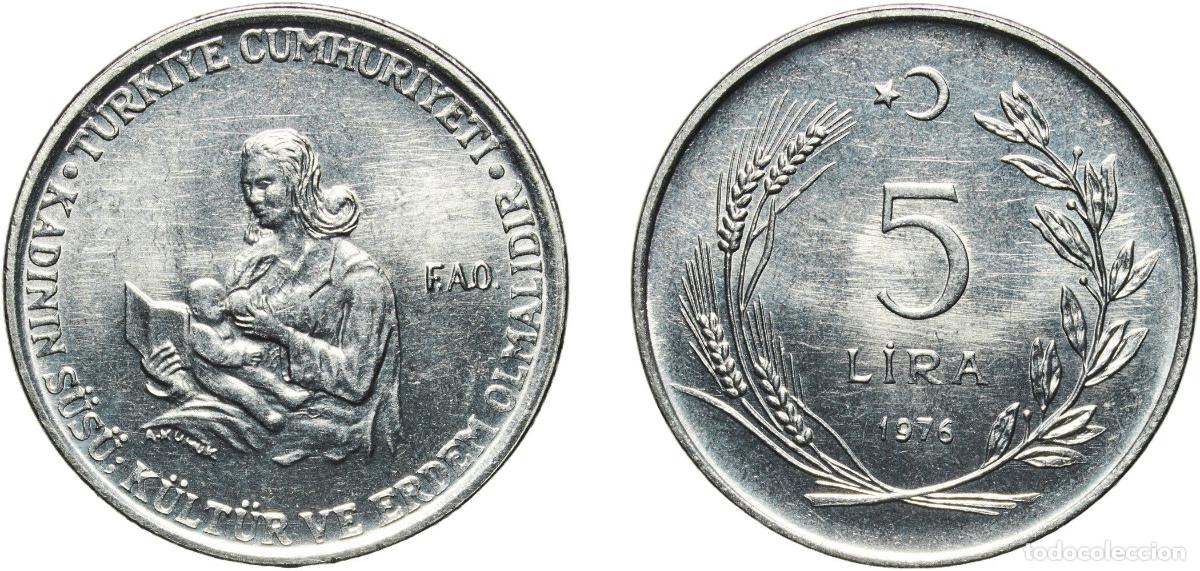 Material numism&aacute;tico: Turkey Republic 1976 5 Lira (FAO) Stainless steel (79.15-80.65% Iron, 0.14% Carbon, 17.5-19% Chromi