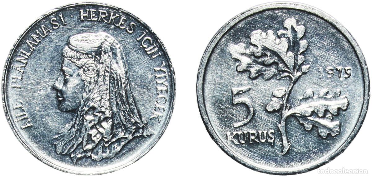 Material numism&aacute;tico: Turkey Republic 1975 5 Kuruş (FAO) Aluminium (99.5% Aluminium, 0.4% Iron, 0.1% Other) Turkish State