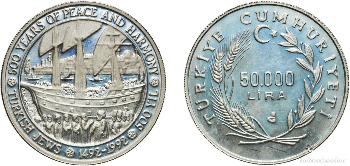 Material numism&aacute;tico: Turkey Republic 1992 50 000 Lira (Turkish Jews) Silver (.925) 23.29g PF KM 1016