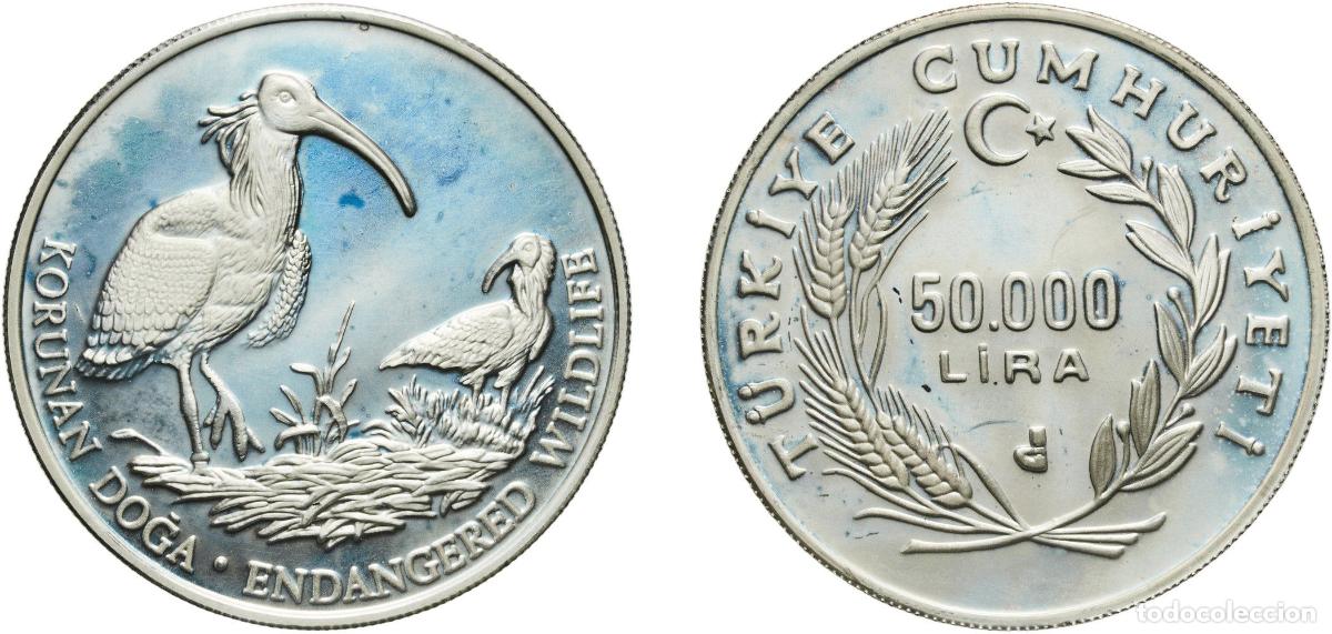 Material numism&aacute;tico: Turkey Republic ND (1994) 50 000 Lira (Bald Ibis) Silver (.925) Turkish State Mint (6807) 31.48g P