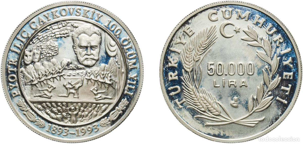 Material numism&aacute;tico: Turkey Republic 1993 50 000 lira (Tchaikovsky) Silver (.925) Turkish State Mint (1237) 23.1g PF KM
