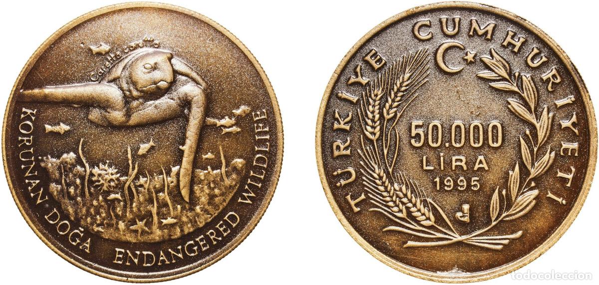 Material numism&aacute;tico: Turkey Republic 1995 50 000 Lira (Swimming sea turtle) Brass (Oxcided) Turkish State Mint (1235) 23