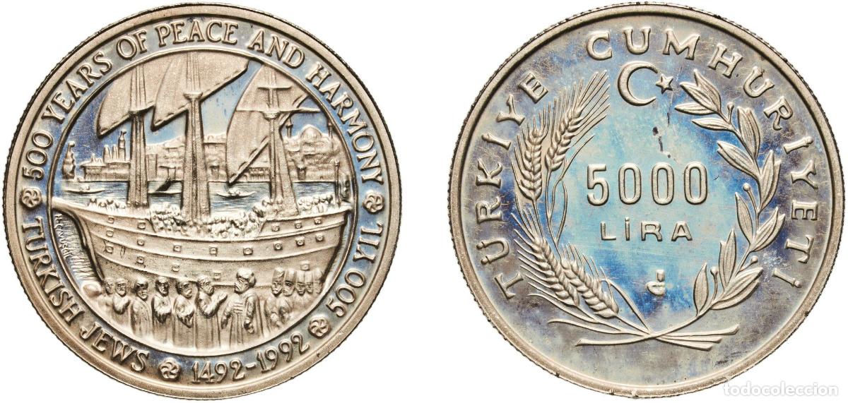 Material numism&aacute;tico: Turkey Republic 1992 5000 Lira (Jewish Immigration) Copper-nickel Turkish State Mint (9909) 12g PF