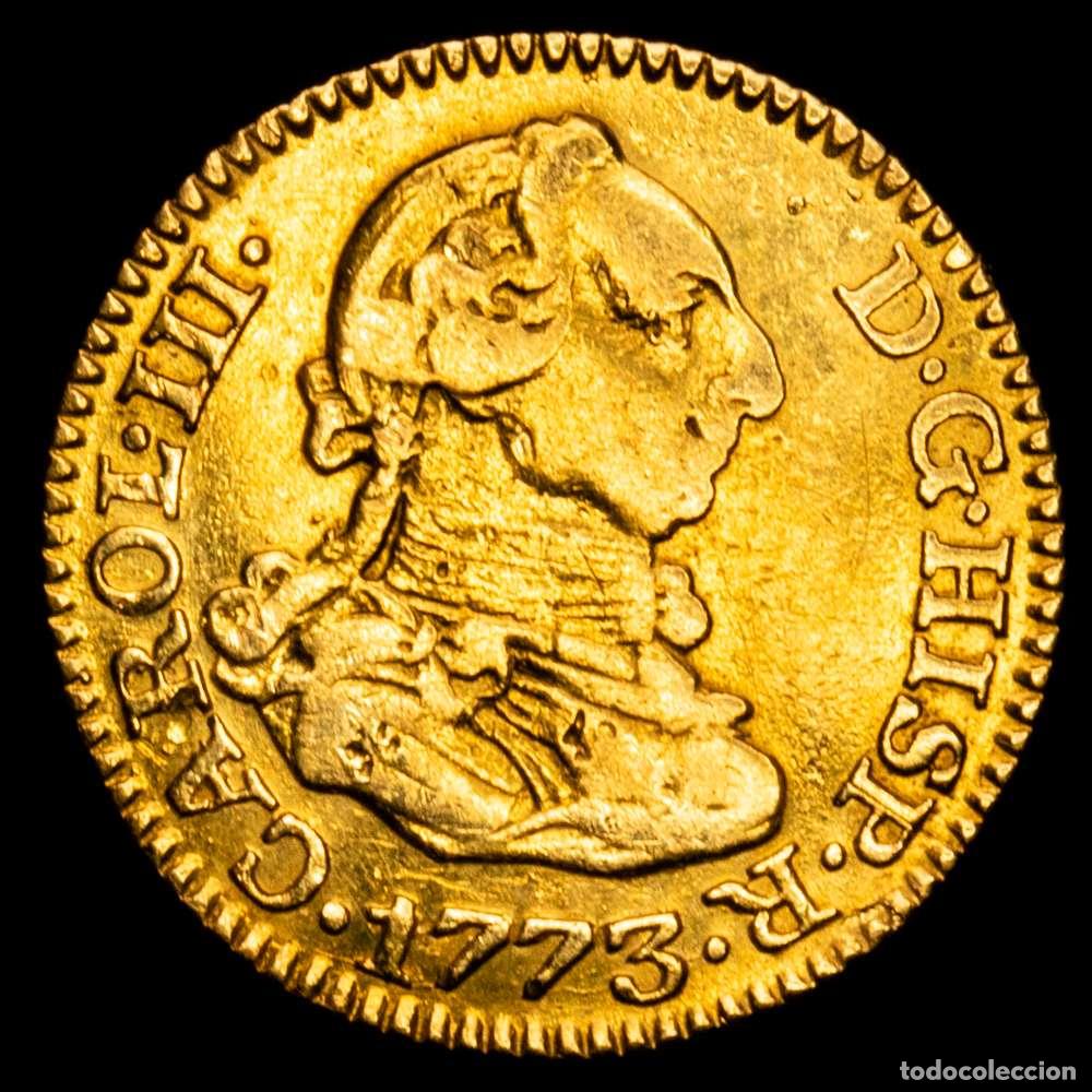 Material numism&aacute;tico: Carlos III (1759-1788). 1/2 escudo. 1773. Madrid. PJ. (Cal-1258). Au. 1,73g. Peque&ntilde;as marcas. MBC.