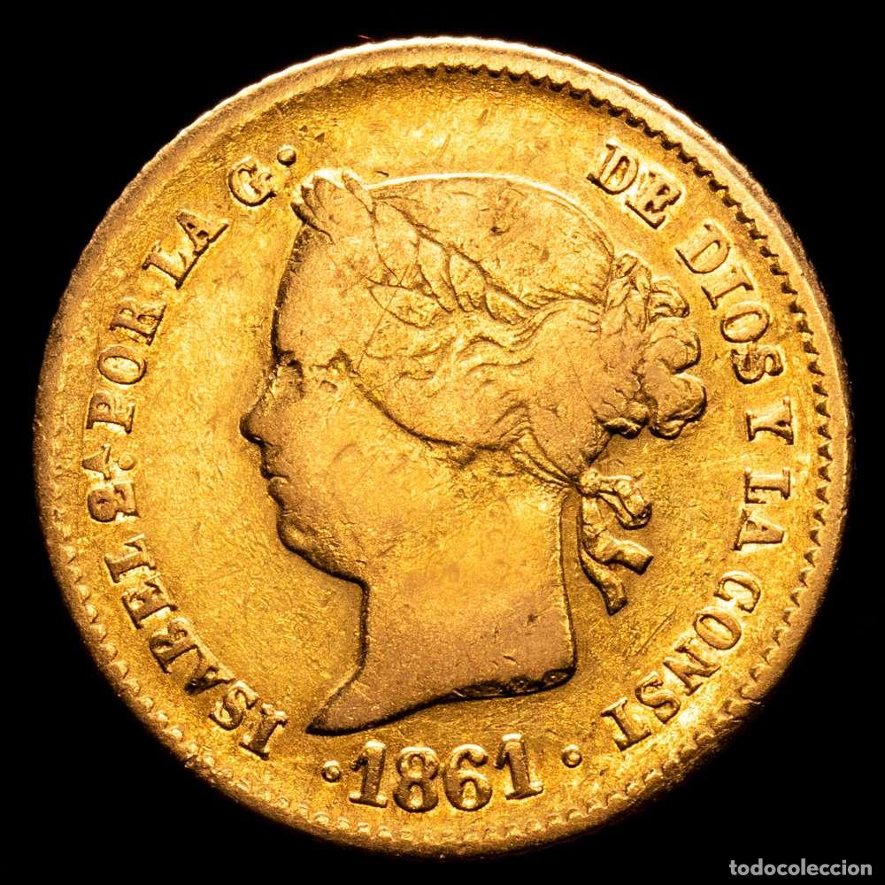 Material numism&aacute;tico: Isabel II (1833-1868). 2 pesos. 1861. Manila. (Cal-836). Au. 3,34 g. Escasa. MBC.