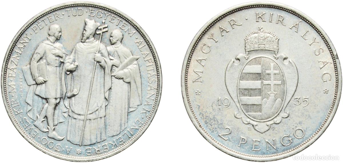 Material numism&aacute;tico: Hungary Kingdom 1935 2 Pengő - Mikl&oacute;s Horthy (P&aacute;zm&aacute;ny University) Silver (.640) (50000) 10.05g UNC