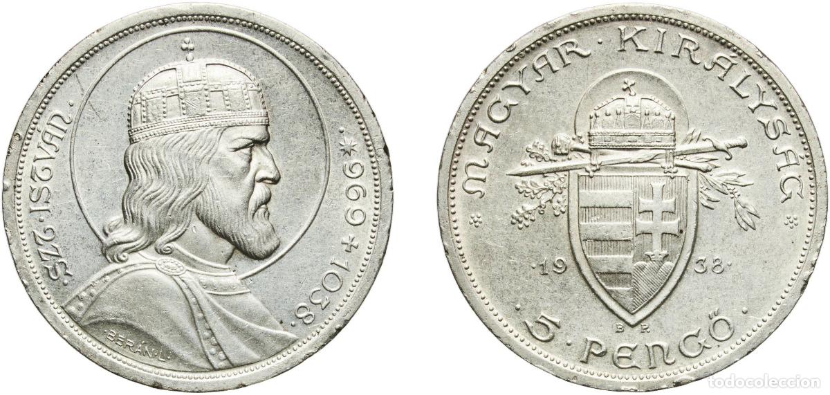 Material numism&aacute;tico: Hungary Kingdom 1938 BP 5 Pengő - Mikl&oacute;s Horthy (Death of St. Stephen) Silver (.640) Hungarian mint