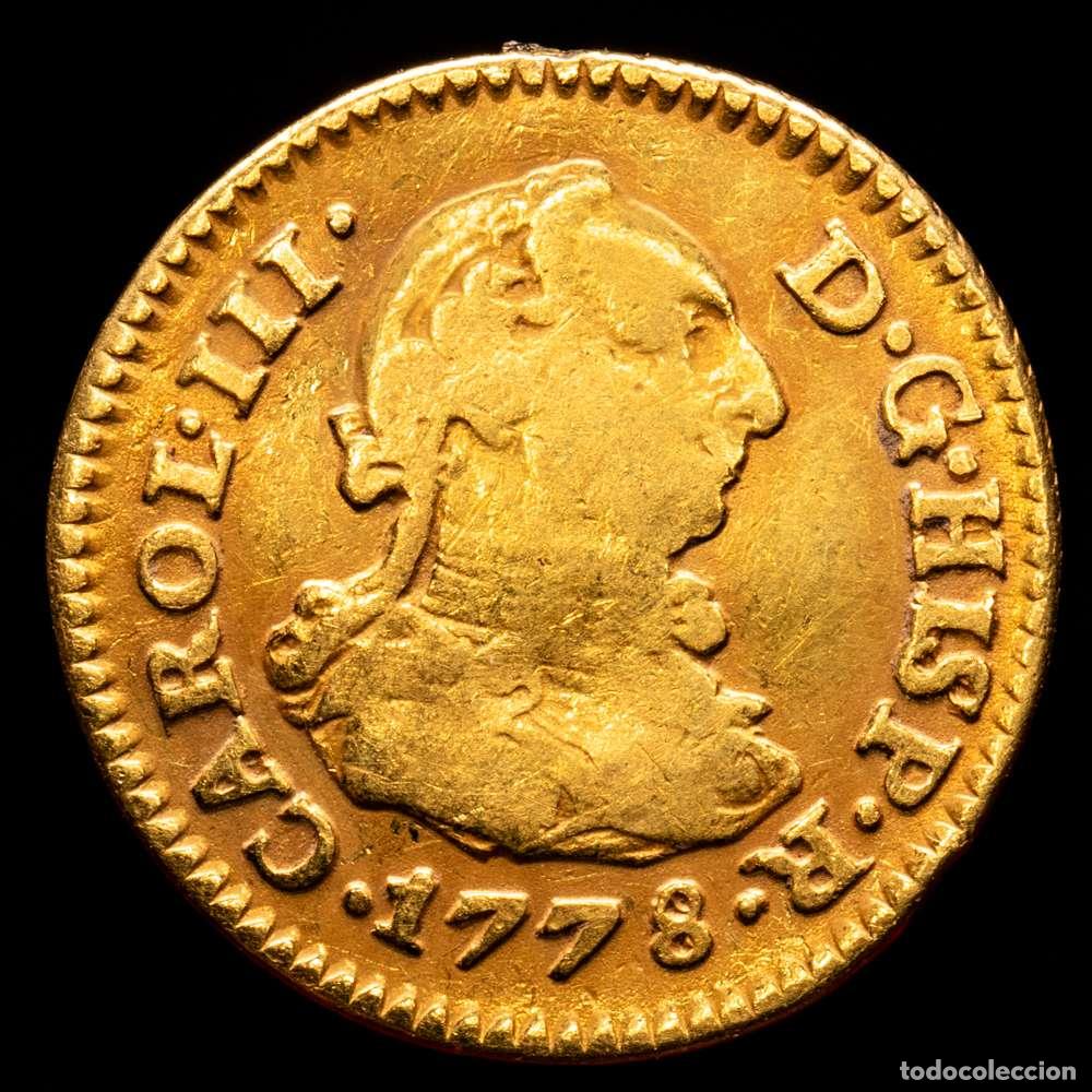 Material numism&aacute;tico: Carlos III (1759-1788). 1/2 escudo. 1778. Sevilla. CF. (Cal-1306). Au. 1,71 g. (MBC-). Descolgada.