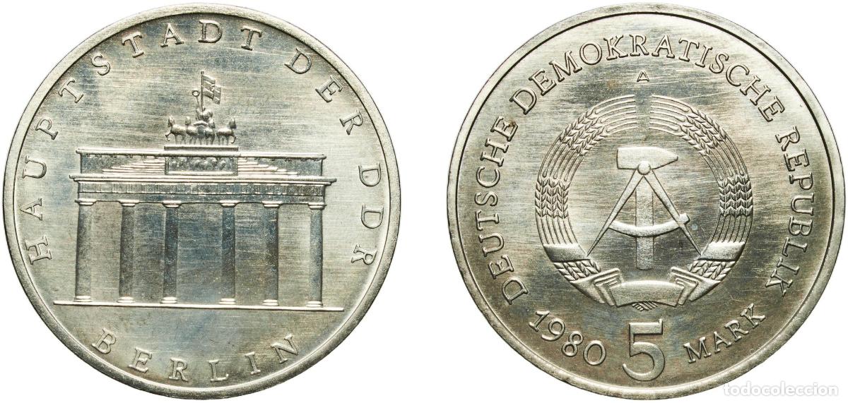 Material numism&aacute;tico: Germany German Democratic Republic Democratic republic 1980 A 5 Mark (Brandenburg Gate) Copper-nick