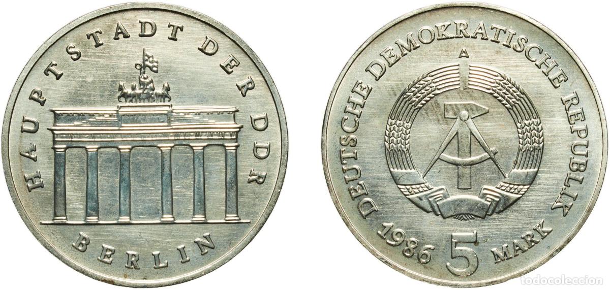 Material numism&aacute;tico: Germany German Democratic Republic Democratic republic 1986 A 5 Mark (Brandenburg Gate) Copper-nick
