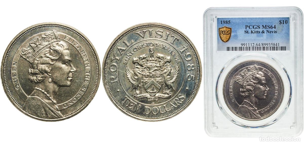 Material numism&aacute;tico: Saint Kitts and Nevis 1985 10 Dollars - Elizabeth II (Royal Visit) Copper-nickel Royal Mint (Tower