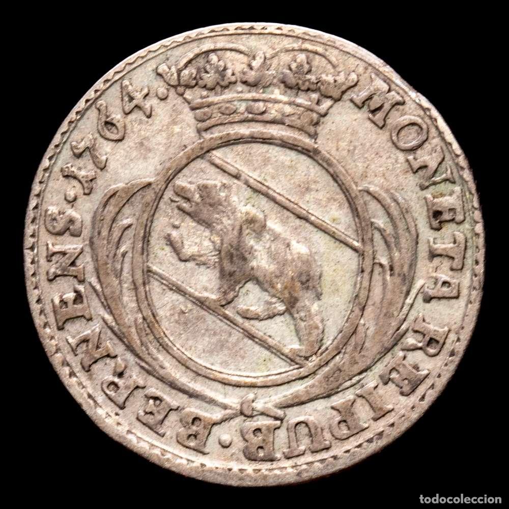Material numism&aacute;tico: 10 Kreuzer 1764, Berna. 2,18 gramos. DT 522b. HMZ 2-222h. VF+.