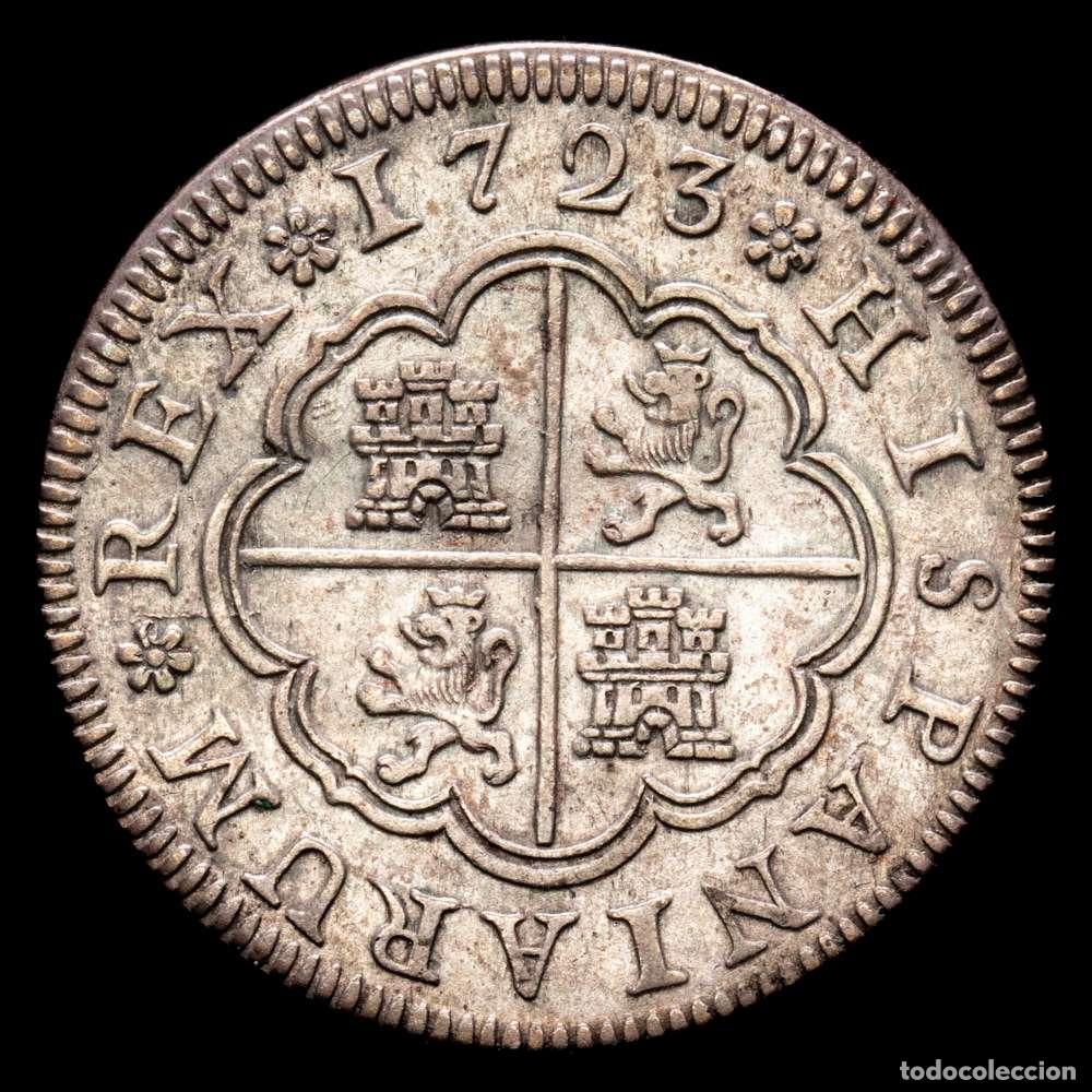 Material numism&aacute;tico: Felipe V (1700-1746). 2 reales. 1723. Segovia. F. (Cal-958). Ag. 5,55 g. Ligero tono. MBC+.