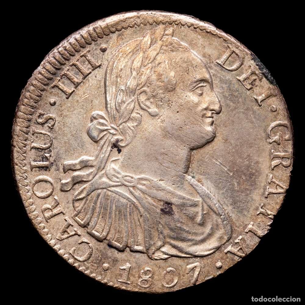 Material numism&aacute;tico: Carlos IV (1788-1808). 8 reales. 1807. M&eacute;xico. TH. (Cal-986). Ag. 27,01 gramos. Suave p&aacute;tina. EBC-.