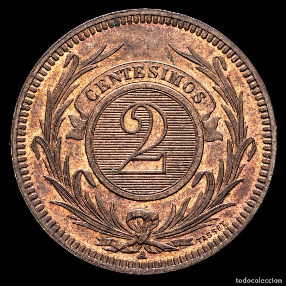 Material numism&aacute;tico: Uruguay 2 Centesimos 1869 A KM# 12, SA# 16, SA# 19; N&deg; 4358; (9,79 g.). Bronce; UNC.