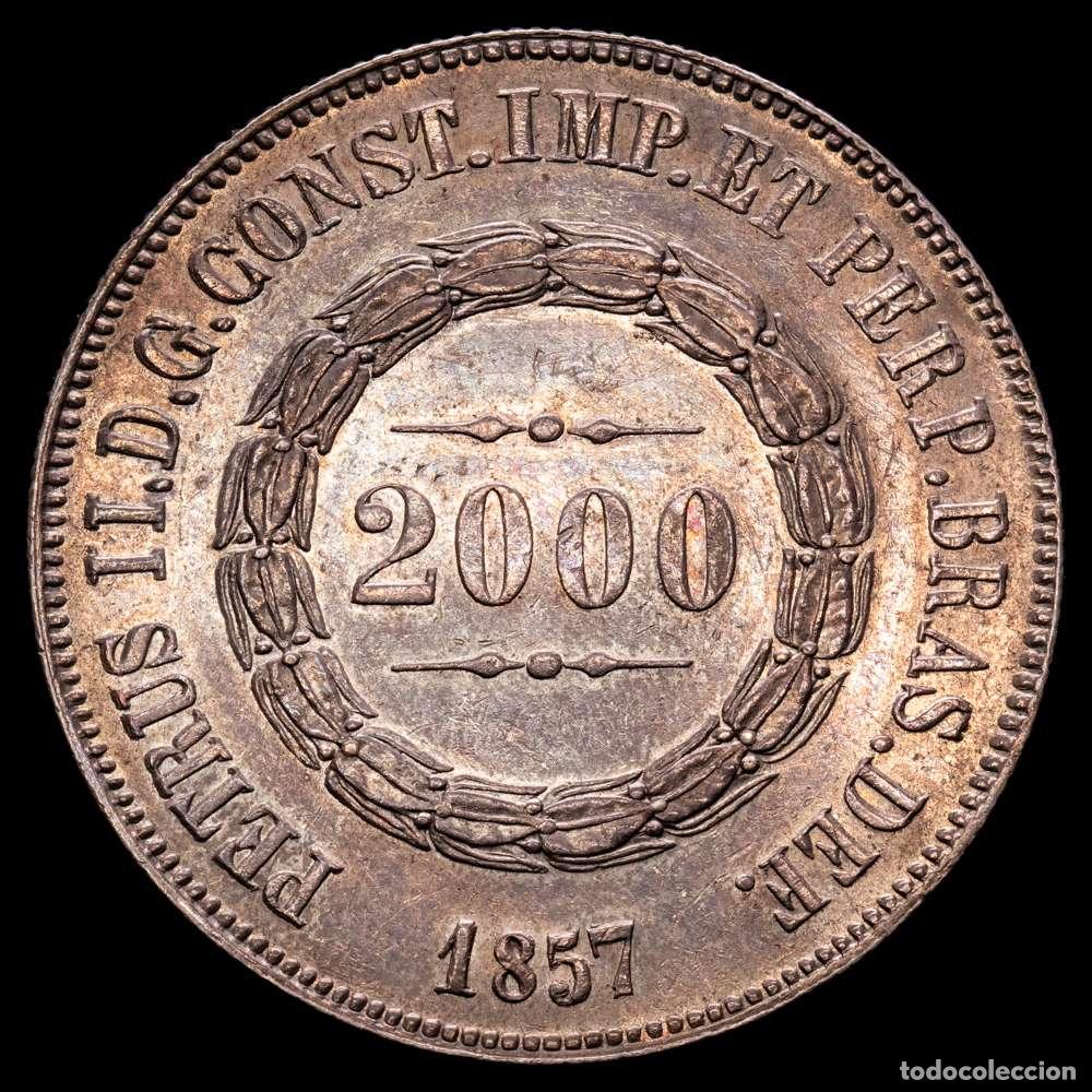 Material numism&aacute;tico: Brasil. Pedro II. 2000 reales. 1857. (Km-466). Ag. 25,44 gramos. EBC+. Suave p&aacute;tina.