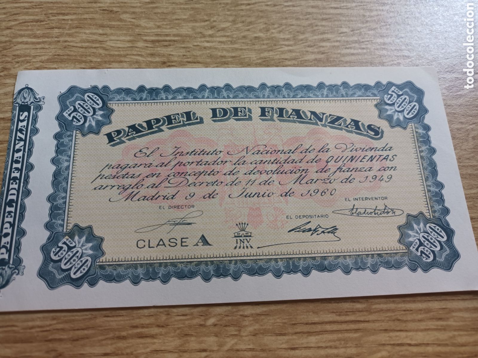 Material numism&aacute;tico: PAPEL DE FIANZAS VALOR 500 PESETAS A&Ntilde;O 1960 CLASE A