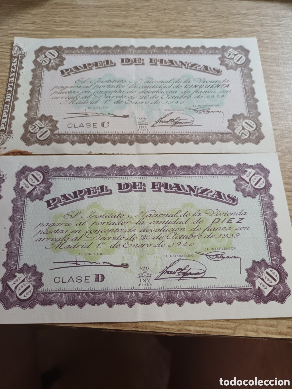 Material numism&aacute;tico: PAPEL DE FIANZAS VALOR DE 50 Y 10 PESETAS A&Ntilde;O 1940