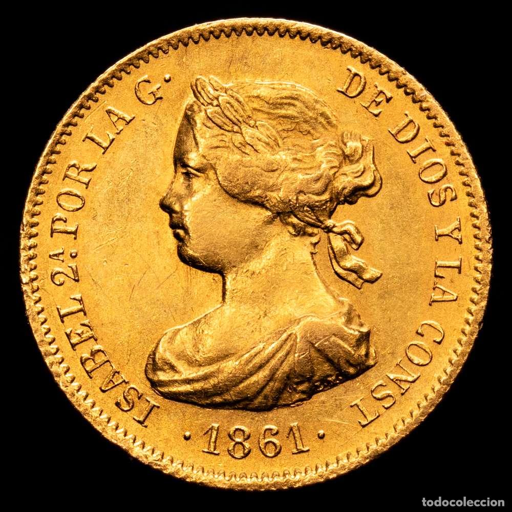 Material numism&aacute;tico: Isabel II (1833-1868). 20 reales. 1861. Madrid. (Cal-672). Au. 1,67 gramos. Muy escasa. EBC.