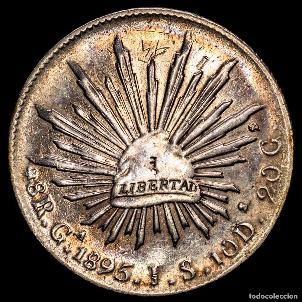 Material numism&aacute;tico: M&eacute;xico. 8 reales. 1895. Guadalajara. JS. (Km-377,6). Ag. 26,87 gramos. Resellos chinos. MBC+.