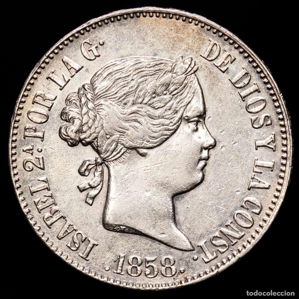 Material numism&aacute;tico: Isabel II (1833-1868). 10 reales. 1858. Madrid. (Cal-535). Ag. 12,89 g. Limpiado. Escaso. MBC+.