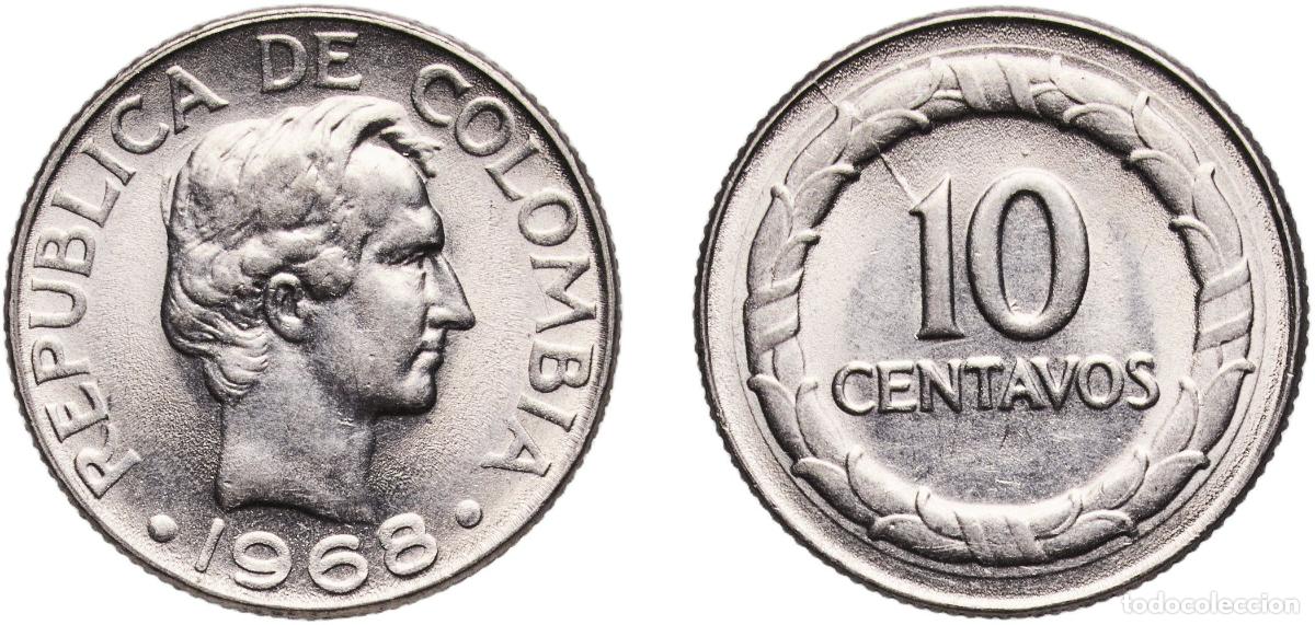 Material numism&aacute;tico: Colombia Republic 1968 10 Centavos (continuous legend; big letters) Nickel clad steel (23670000) 2.