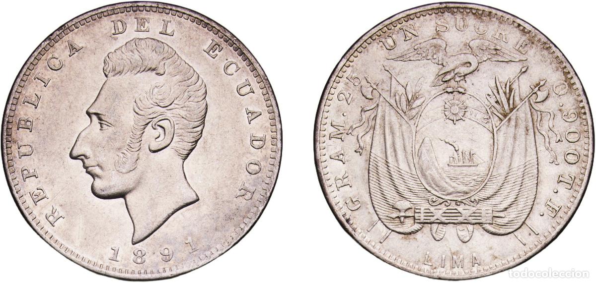 Material numism&aacute;tico: Ecuador Republic 1891 LIMA 1 Sucre With traces of luster Silver (.900) Lima Mint (143000) 25g AU KM