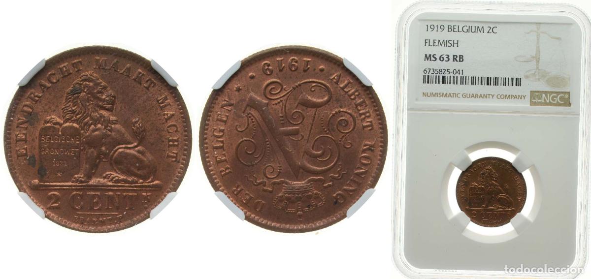 Material numism&aacute;tico: Belgium Kingdom 1919 2 Centimes - Albert I (Dutch text) Copper Brussels Mint (4997921) 4g NGC MS 63