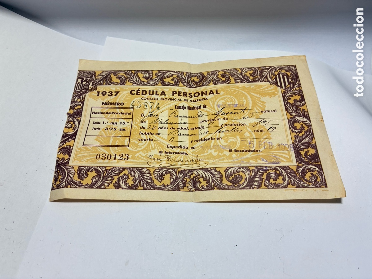 Material numism&aacute;tico: C&eacute;dula Personal emitida en Valencia, Espa&ntilde;a, en 1937, durante la Guerra Civil