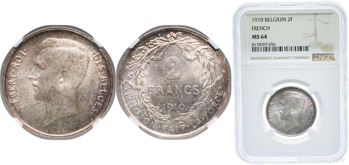 Material numism&aacute;tico: Belgium Kingdom 1910 2 Francs - Albert I (French text) Silver (.835) (16.5% copper) Royal Mint of B