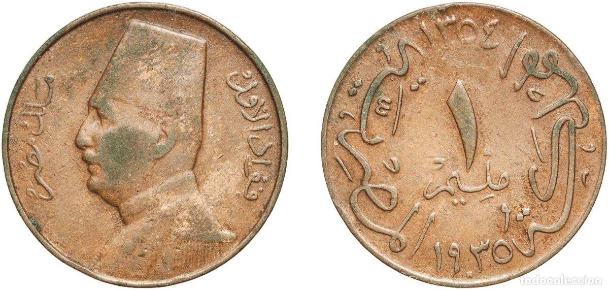Material numism&aacute;tico: Egypt Kingdom AH1354(1935) H 1 Millieme - Fuad (left) Bronze Heaton and Sons / The Mint Birmingham