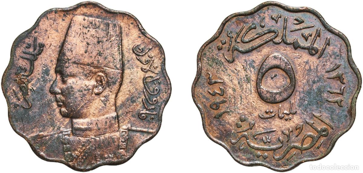 Material numism&aacute;tico: Egypt Arab Republic of Egypt AH1362 (1943) 5 Milliemes - Farouk Bronze (95.5% Copper, 3% Tin, 1.5%