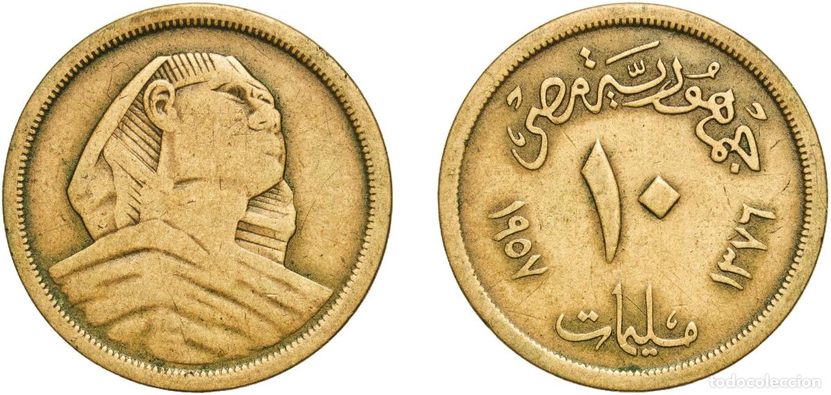 Material numism&aacute;tico: Egypt Arab Republic of Egypt AH1376 (1958) 10 Milliemes (Large Sphinx) Aluminium bronze (Copper 92%