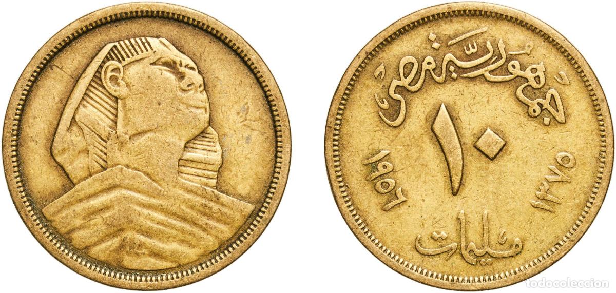 Material numism&aacute;tico: Egypt Arab Republic of Egypt AH1375 (1956) 10 Milliemes (Large Sphinx) Aluminium bronze (Copper 92