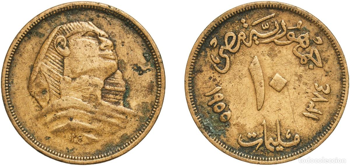 Material numism&aacute;tico: Egypt Arab Republic of Egypt AH1374 (1955) 10 Milliemes (Large Sphinx) Aluminium bronze (Copper 92%