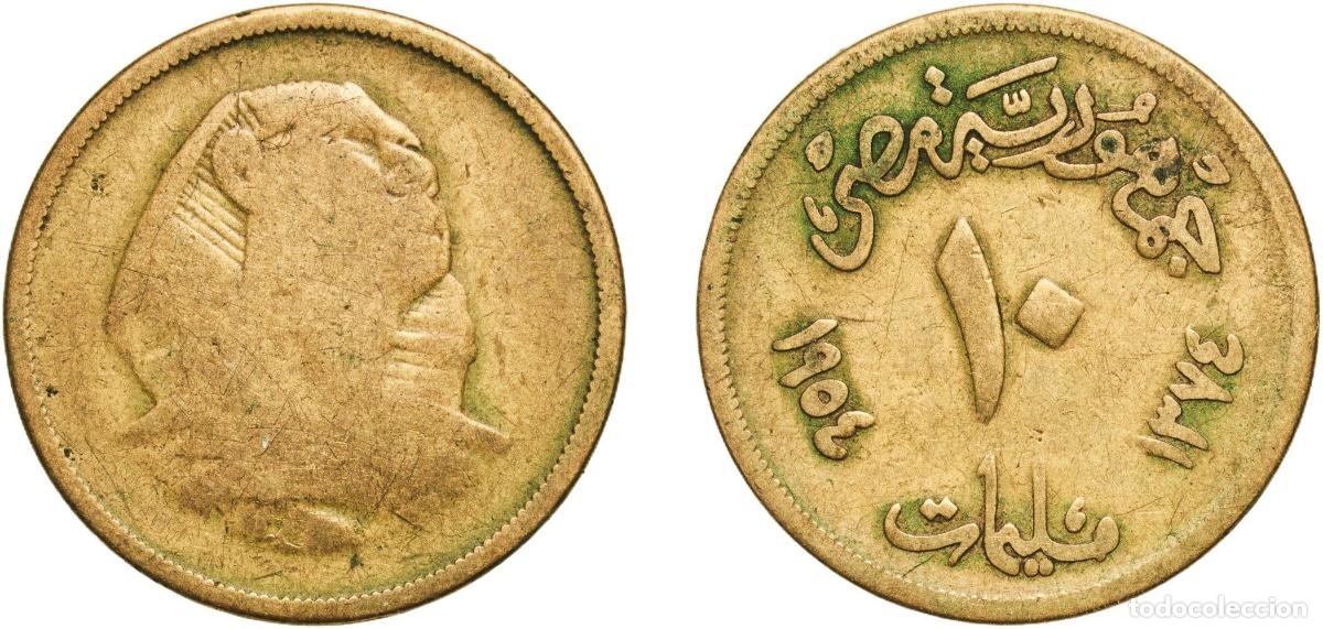 Material numism&aacute;tico: Egypt Arab Republic of Egypt AH1374 (1954) 10 Milliemes (Small Sphinx) Aluminium bronze (Copper 92%