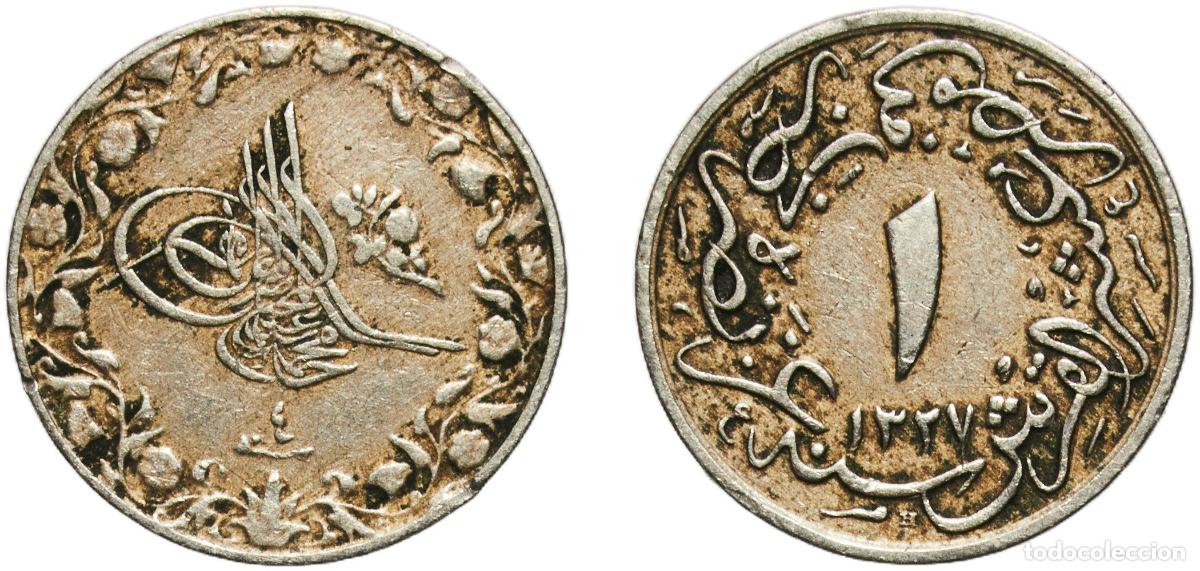 Material numism&aacute;tico: Egypt Arab Republic of Egypt AH1327 (1912) H ⅒ Qirsh - Mehmed V Copper-nickel (75% Copper, 25% Nick