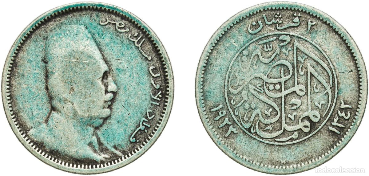 Material numism&aacute;tico: Egypt Arab Republic of Egypt AH1342 (1923) H 2 Qirsh - Fuad (right) Silver (.833) Heaton and Sons /