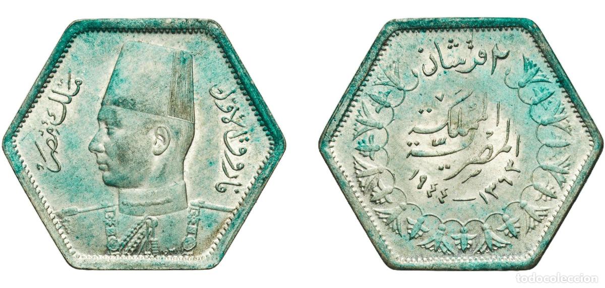Material numism&aacute;tico: Egypt Arab Republic of Egypt AH1363 (1944) 2 Qirsh - Farouk Silver (.500) (50% Silver, 48% Copper &